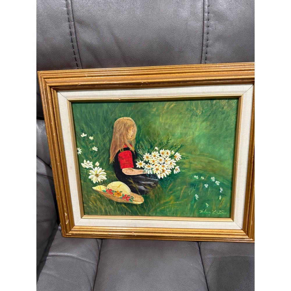 Helen Stine Original Oil Painting Girl with Daisies Gold Frame 11x14 Vintage